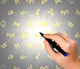 Wall Mural - pen and astrology book. wheel projection with zodiac sign.