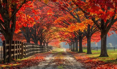 Sticker - Autumn Path Through a Canopy of Red Leaves