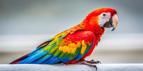 Wall Mural - Scarlet Macaw Perched on a White Surface, Vibrant Colors, Close Up, Bird, Wildlife, Parrot, Feathers