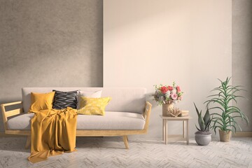 Wall Mural - Concrete living room with sofa. Scandinavian interior design. 3D illustration