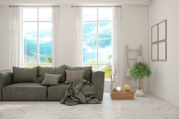 Wall Mural - White living room with sofa and summer landscape in window. Scandinavian interior design. 3D illustration