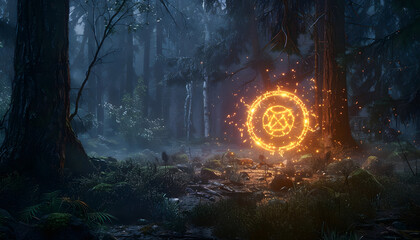 Wall Mural - Icon of a mystical rune glowing in a dark forest surrounded by ancient trees ar7 4 Generative AI