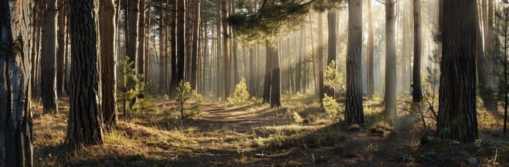 Wall Mural - Sunbeams Through a Dense Pine Forest