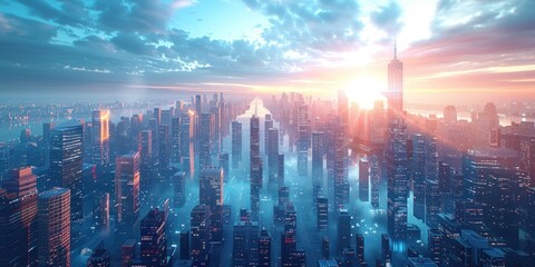 Wall Mural - Sunrise over a Futuristic Cityscape