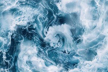 A swirling blue ocean with white foam.