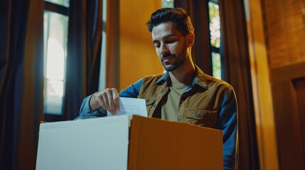 Wall Mural - Portrait of male voter filling election ballot paper. US citizen voting in polling place on election day, usa elections