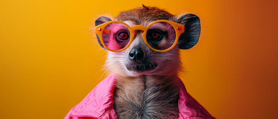 Wall Mural - A Closeup Portrait of a Meerkat Wearing Pink Sunglasses and a Jacket Against a Yellow Background