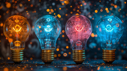 Colorful glowing lightbulbs with smiling filaments illuminating dark background. Concept of happiness, positivity, and diverse ideas