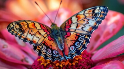 Wall Mural - A close-up of a colorful butterfly perched on a bright pink flower, with detailed wing patterns and vibrant colors under the warm sunlight.