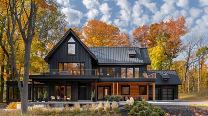 expansive suburban farmhouse featuring a modern black fa? section ade, accented by natural wood elements and surrounded by autumn-colored trees