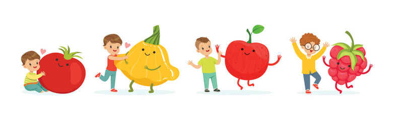 Wall Mural - Cute Little Children Having Fun and Playing with Big Fruits and Vegetables Vector Set