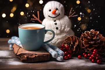 A cup of coffee on a wooden next to a toy knitted snowman and pine cones, cosy and funny Christmas greeting card