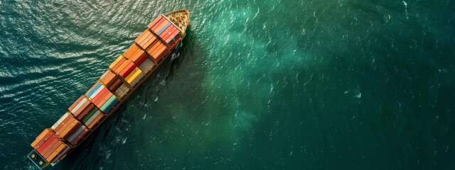 closeup overhead view of a cargo ship full of colorful containers transporting goods internationally worldwide swimming in ocean. wide banner wallpaper background for ads, web design, sites