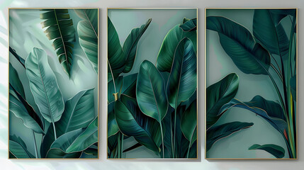 Wall Mural - Plant art design on a set of canvases with abstract foliage.