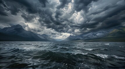 Wall Mural - A stormy afternoon at Marian Lake, with dark clouds rolling over the mountains and choppy waters reflecting the dramatic, tumultuous sky, emphasizing the wild nature of the landscape.