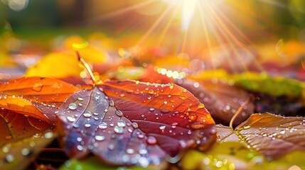 Wall Mural - Morning dew drops on vibrant autumn leaves creating a bright and colorful natural display under the warm morning sunlight.