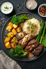 Wall Mural - A plate of food with meat, potatoes, and vegetables