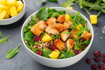 Sticker - A bowl of food with chicken and pineapple on top