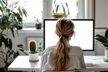 Over shoulder shot of a young professional woman using computer laptop in front of an blank white computer screen in home