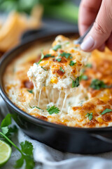 Canvas Print - A person is holding a fork and taking a bite of a cheesy corn dip