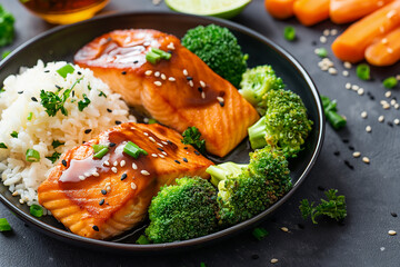 Wall Mural - A black bowl of food with salmon, broccoli, and rice