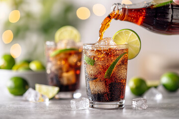 Canvas Print - A glass of soda with a lime slice in it is poured into another glass