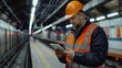 © PaulShlykov - Railway worker with tablet computer . Railway employee in working clothes works with tablet computer. Railway engineer waiting for the train arrived at platform.