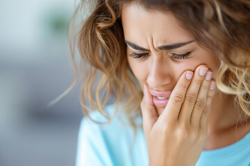 A woman with a toothache is holding her mouth open