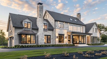 spacious modern farmhouse with an elegant stone facade and large bay windows, set in a tranquil suburban neighborhood