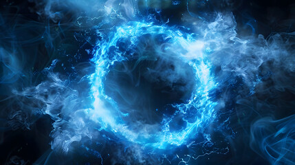 Wall Mural - Blue energy burst. Smoky cloud background. Realistic 3D render simulation. Magic power circle isolated element. Seamless loop.