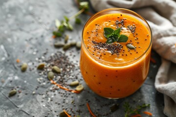 Poster - Gray background selective focus nutritious and beneficial carrot smoothie or juice with flaxseeds