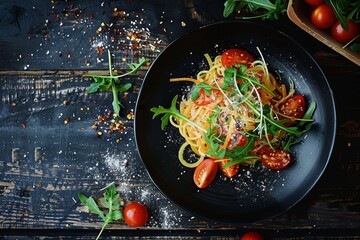 Poster - Green papaya salad served on black plate with wooden backdrop