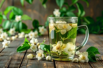 Sticker - Green tea with jasmine flowers in glass on wooden background