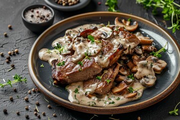 Wall Mural - Grilled pork mushrooms cream sauce on rustic background