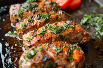 Canvas Print - Grilled pork tenderloin with herbs and tomato