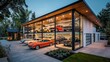 © Salman - Contemporary suburban farmhouse with a transparent glass garage showcasing a collection of vintage cars, visible from the street