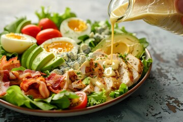 Canvas Print - Hand dressing cobb salad with chicken avocado bacon blue cheese tomato and eggs Classic American Keto dish