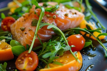 Sticker - Healthy dish of smoked salmon arugula salad tomato orange