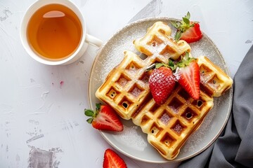 Wall Mural - Healthy top view of traditional Belgian waffles with fresh strawberries powdered sugar a cup of tea on a light background