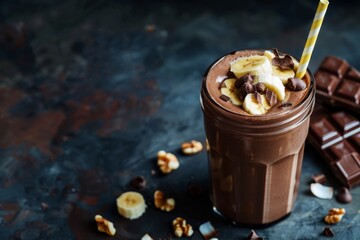 healthy vegan banana chocolate smoothie or milkshake with coconut and hazelnut served in a glass jar