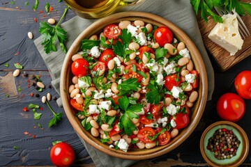 Wall Mural - Healthy vegetarian salad with white beans cherry tomatoes feta and parsley