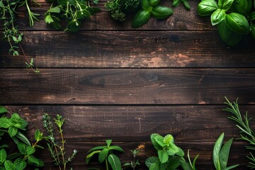 Poster - Herbs from garden on wooden table top view with space for text