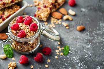 Homemade granola with fresh raspberries in a jar and nuts and granola bars a healthful breakfast and snack idea displayed on a gray stone background with empty s