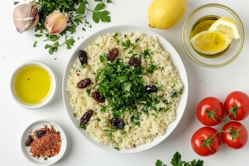 Poster - Homemade vegetarian couscous with dates raisins parsley tomato lemon and olive oil in a white bowl on white background top view Moroccan Tabbouleh