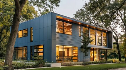 modern suburban farmhouse with a striking blue exterior and large windows, set against a backdrop of mature trees