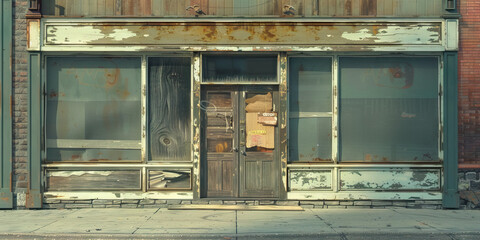 The Empty Promises of Prosperity: An abandoned storefront, its windows boarded up and its doors locked.