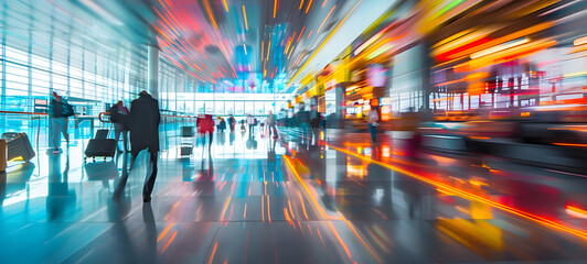 A bustling airport scene capturing the blur of people on the move, reflecting the fast pace of travel. Passenger in motion blur at the airport with bokeh light