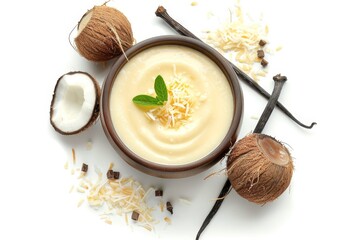 Wall Mural - Isolated coconut and vanilla pudding on white background