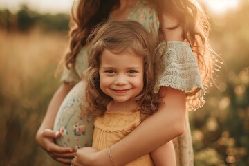 smiling girl hugging pregnant mother in warm sunshine, showing love, connection, joy, family bond in