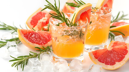 Wall Mural - refreshing drink with natural ice, grapefruit, and rosemary in a frozen glass isolated on white background, photo, png